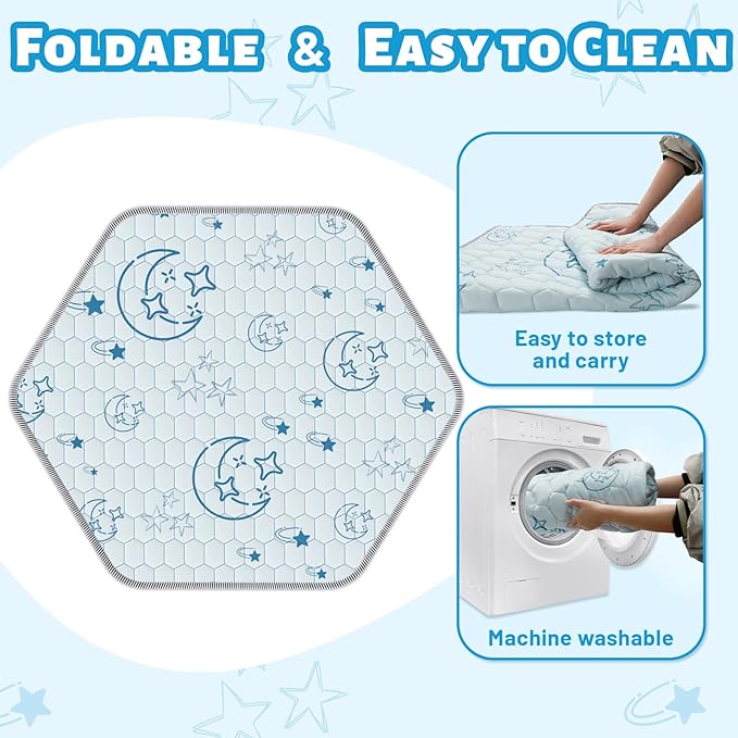 Hexagon Baby Play Mat 59x48 inches: Thick & Soft 6 Panel Playpen Mattress for Babies Toddlers Infant - Non-Slip Silicon Dot Crawling Mats - Foldable & Machine Washable Large Floor Playmats