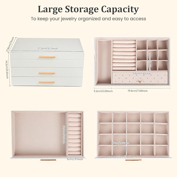 Dajasan Jewelry Boxes for Women, Jewelry Box Organizer with 2 Drawers, 3-Tier Large Jewelry Holder Organizer Box for Necklace Ring Earring Bracelet, Gift Idea, Modern Style (White)