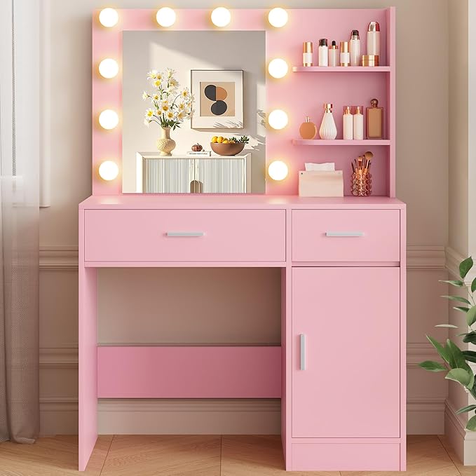 Lighted Makeup Vanity Desk, 35.4“W x 15.7'”D x 54“H, Pink (with Lights and Mirror, Dimming Fuction, 2 Drawers and 1 Cabiniet, Open Shelves)
