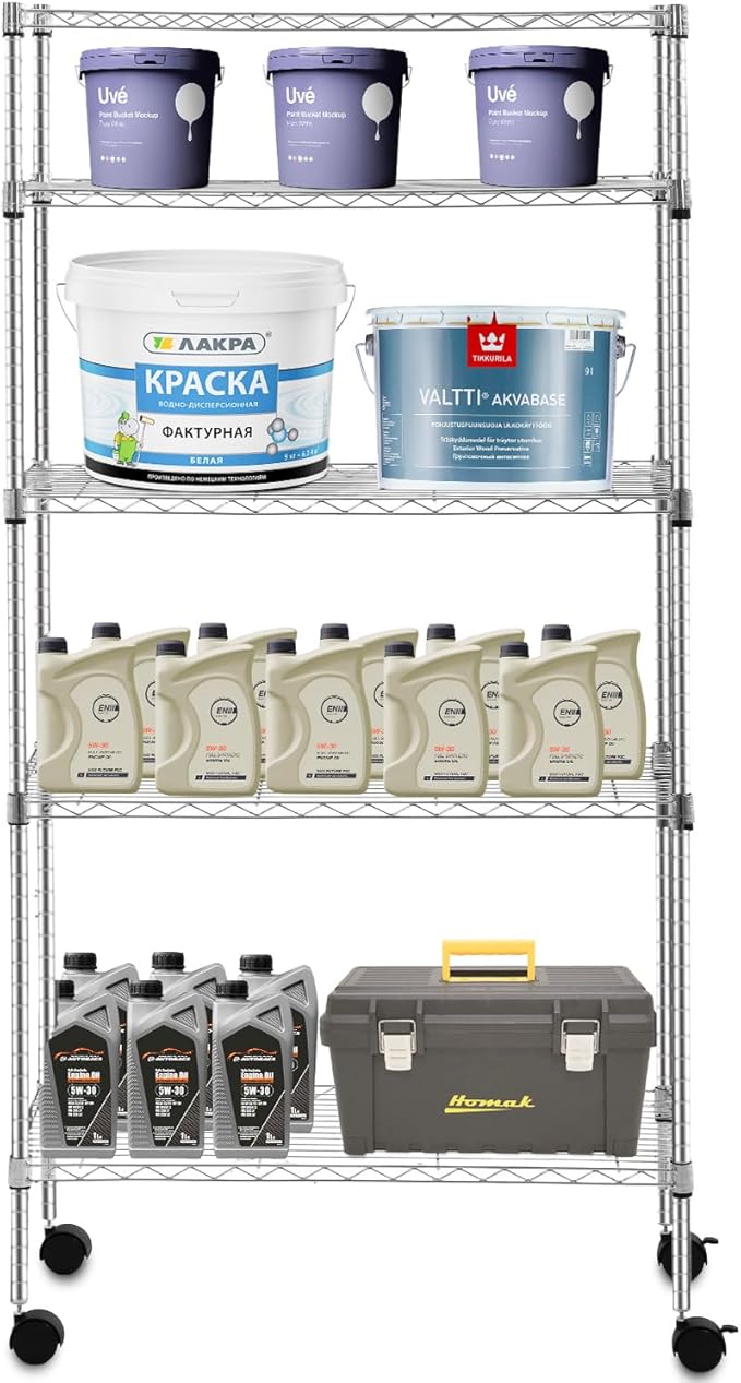 PayLessHere 14" D x 30" W x 60" H Shelves Storage Shelves Shelving NSF Certified 5 Tier Adjustable Shelf with Sliding Wheels Versatile Storage Solution Effortless Assembly and Mobility, Chrome