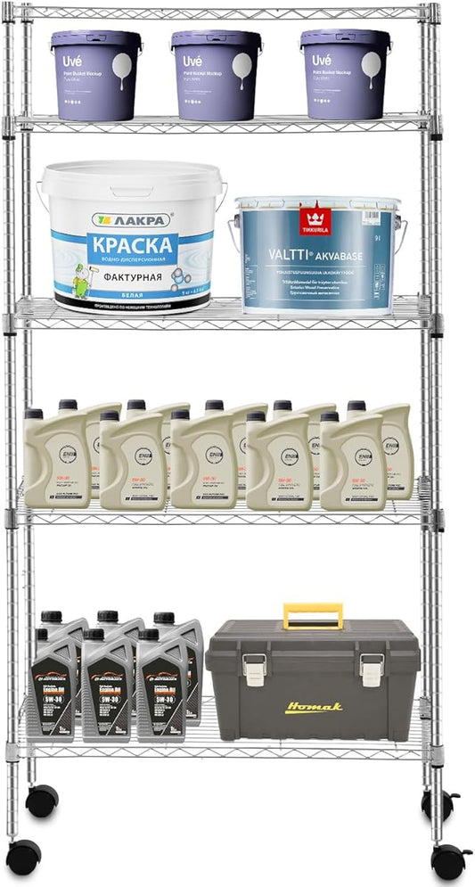 PayLessHere 14" D x 30" W x 60" H Shelves Storage Shelves Shelving NSF Certified 5 Tier Adjustable Shelf with Sliding Wheels Versatile Storage Solution Effortless Assembly and Mobility, Chrome