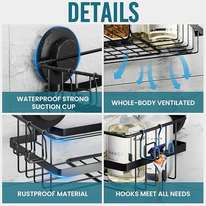 TAILI Corner-adaptive Suction Cup Shower Caddy 2 Pack, Stainless Steel Rustproof Corner Shower Shelves, Drill-Free Wall Mounted Baskets, Large Capacity, Removable Suction Cup Bathroom Organizer, Black
