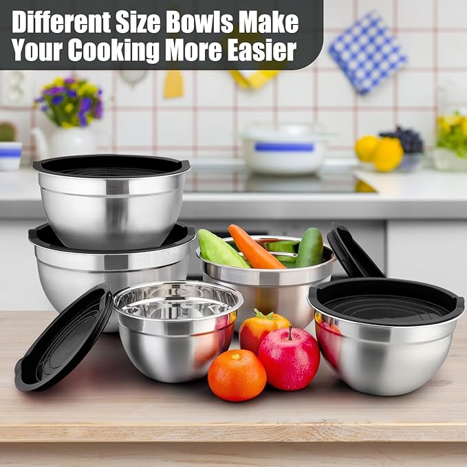 P&P CHEF Mixing Bowl with Airtight Lid Set of 5, 10-Piece Stainless Steel Nesting Salad Bowl Set for Prepping, Mixing and Serving, Size 4.6, 3, 1.5, 1, 0.7 QT, Rimmed Edges & Flat Base, Black