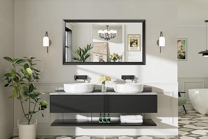 55x30 Inch Black Bathroom Mirror for Wall, Thick Metal Framed Rectangle Mirrors for Over Sink, Bedroom, Living Room, Entryway, Anti-Rust, HD Tempered Glass
