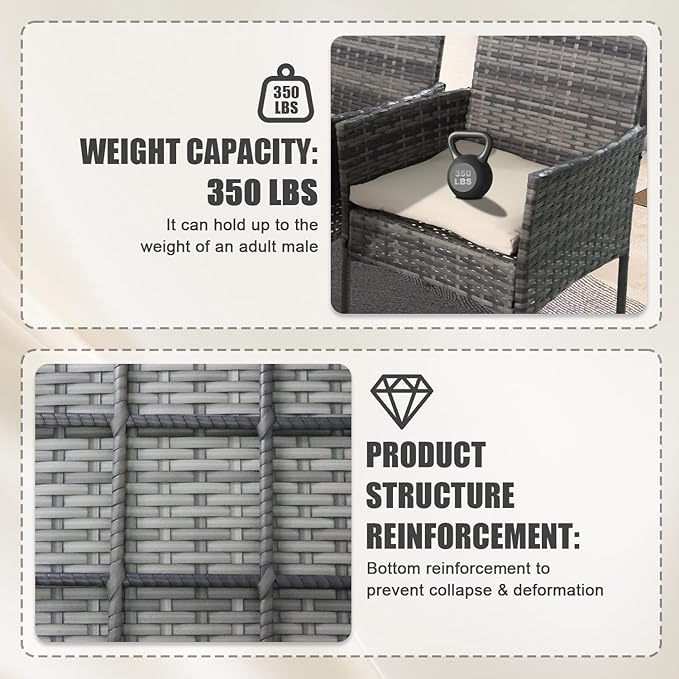 3 Pieces Patio Furniture Set, Outdoor Conversation Sets, Wicker Rattan Chairs for Garden Backyard Balcony Porch Poolside, Set with Glass Table and Soft Cushions (Brown+Beige)