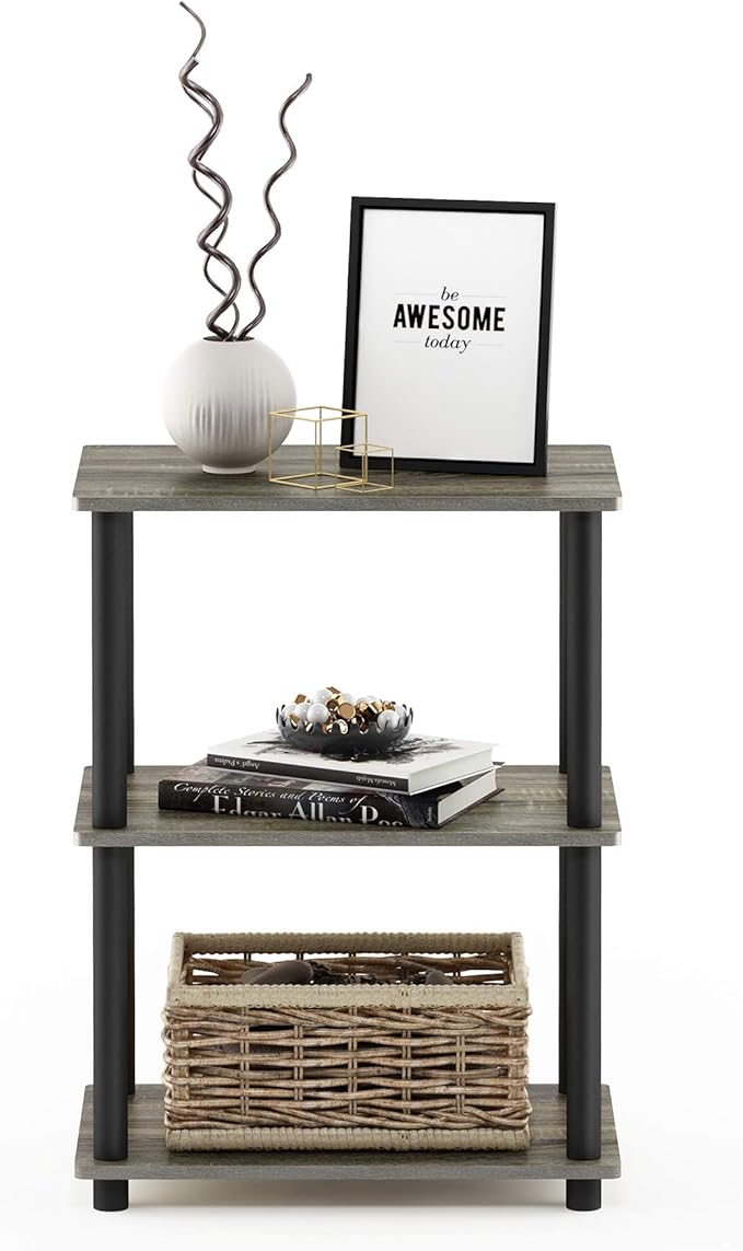 Furinno Turn-N-Tube No Tool 3-Tier Storage Shelf, Narrow, French Oak Grey/Black