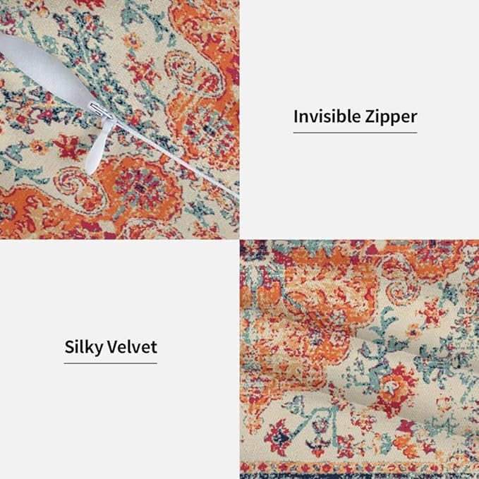 Boho Throw Pillow Covers 18 x 18 Set of 2, Orange Blue Ethnic Design Pillow Covers Farmhouse Carpet Pattern Rustic Cushion Cases Decorative Gifts for Couch Sofa Indoor Outdoor