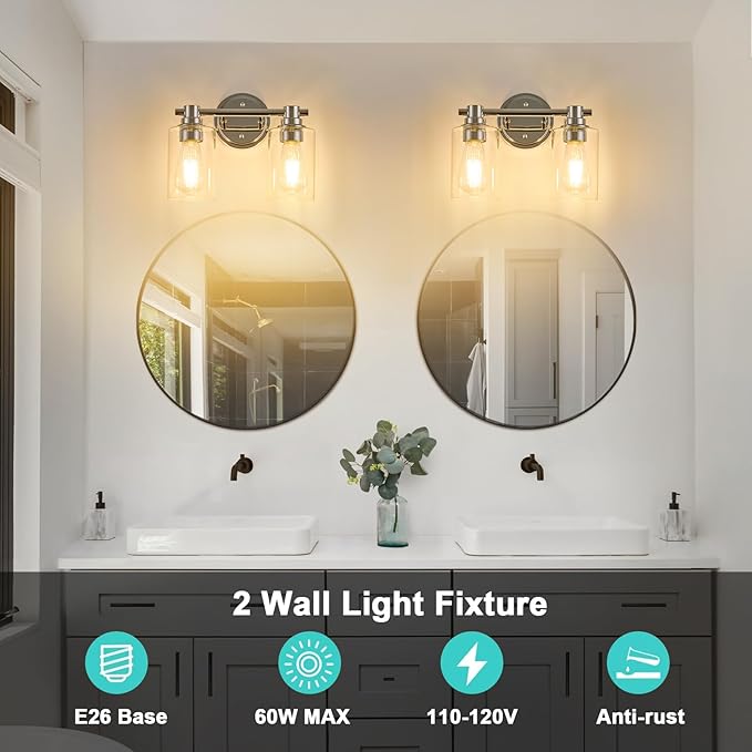 Bathroom Light Fixtures Wall Sconce Light with Clear Glass Chrome 2 Lights Bathroom Lighting Over Mirror Vanity Lights for Living Room,Bedroom,Restroom,Hallway E26 Base