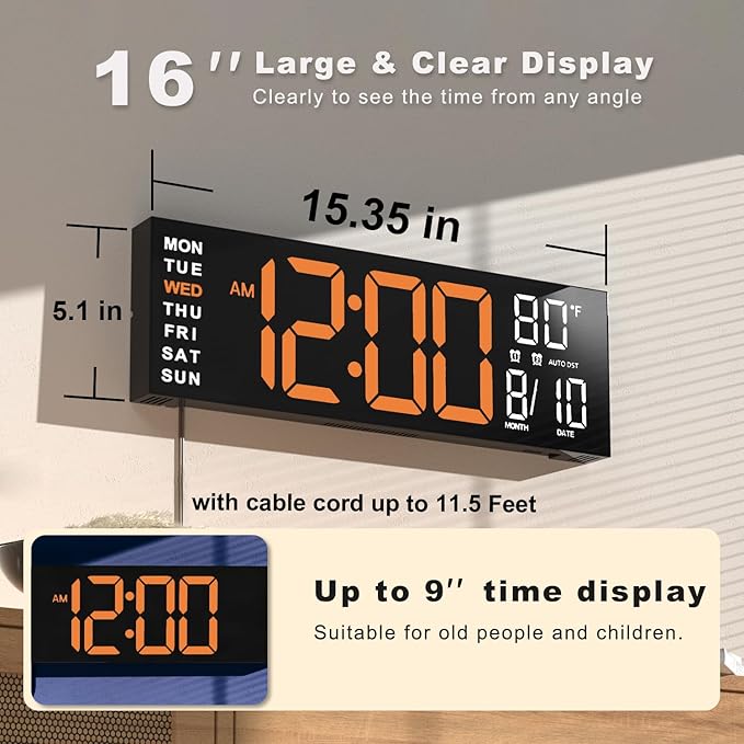 JALL 16" Large Digital Wall Mount Clock, Count Down Timer, Alarm, Big LED, RGB Color, DST, Temperature for Living Room Classroom Desk, Xmas, Birthday Gift for Senior Mom Dad (Orange White, 16 inches)