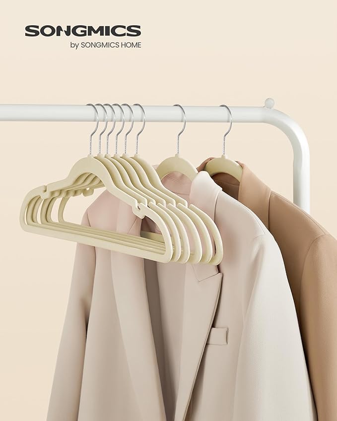 SONGMICS Velvet Hangers 50 Pack, Non-Slip Clothes Hangers, Suit Hangers with Shoulder Notches, Pants Bar, 360° Swivel Hook, Space-Saving, for Closet, Surmmer Sand UCRF029K05