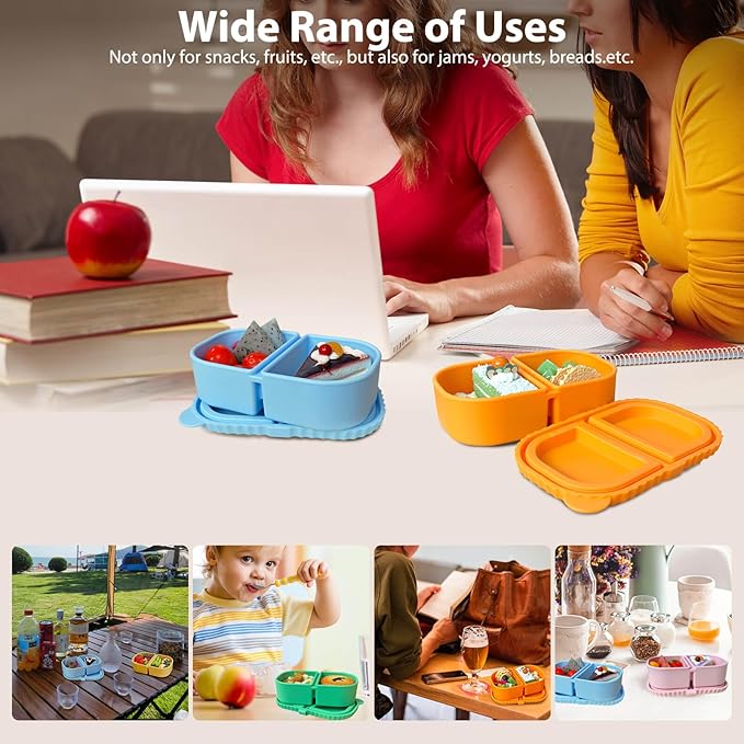 Silicone Reusable Snack Containers with Lids, 2 Compartment 8 oz Food Storage Containers Snackle Condiment Boxes Salad Dressing Sauce Seasoning Small Box for Travel Office Picnic 2 Pack Blue Pink