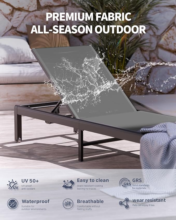 Aluminum Lounge Chairs Outdoor Chaise Furniture,2 Sets Patio Metal Deck Lounger Adjustable 5-Position Poolside Chase Recliner with Wheels for Beach,Coffee Table, (Gray, 1 Chair)