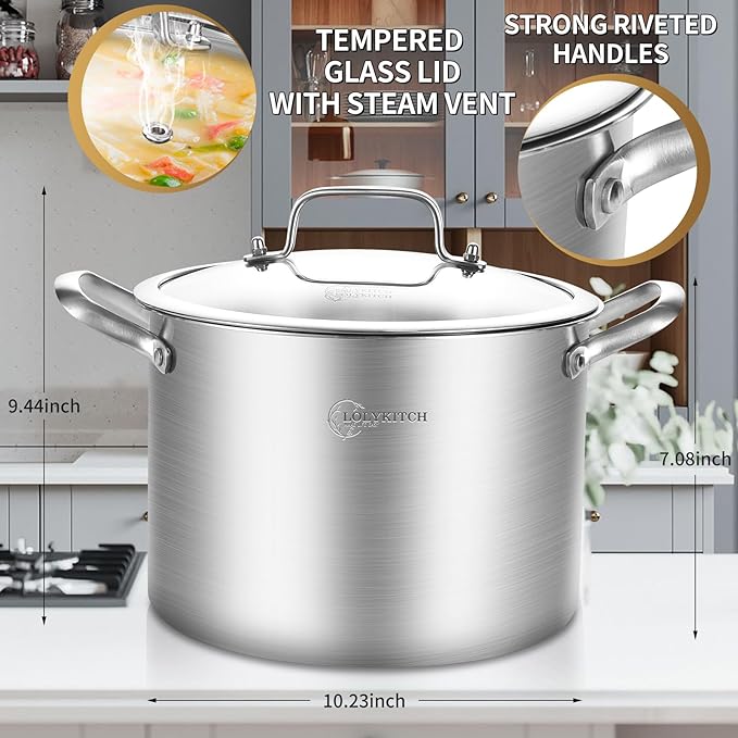 LOLYKITCH Tri-Ply Whole Clad 8 Quarts Stainless Steel Stock Pot with Lid,Induction Cooking Pot,Soup Pot,Heavy Duty,Oven and Diswasher safe.