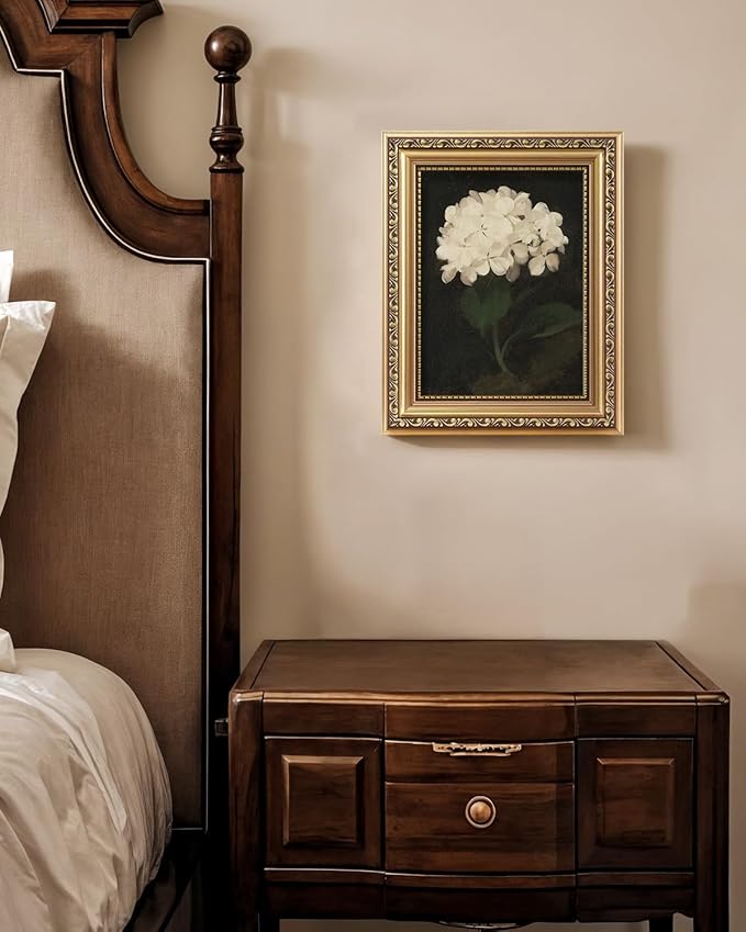 VIYYIEA Gold Framed Wall Art, White Hydrangea Canvas Print Home Decor Vintage Art Painting Picture Bathroom Wall Decor, Flowers Artwork for Living Room Bedroom Kitchen Office - 10L x 8W
