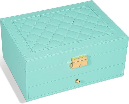 Jewelry Box for Women Girl Wife - Large PU Leather Jewelry Organizer Storage Case with Two Layers Display for Earrings Bracelets Rings Watches (Teal)