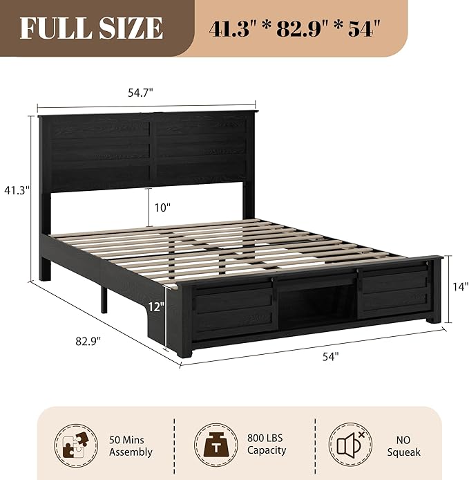 Wooden Full Size Bed Frame with Headboard, Classic Black Farmhouse Storage Bedframe with Sliding Barn Door Footboard and Charging Station, Wood Slats, No Box Spring Needed