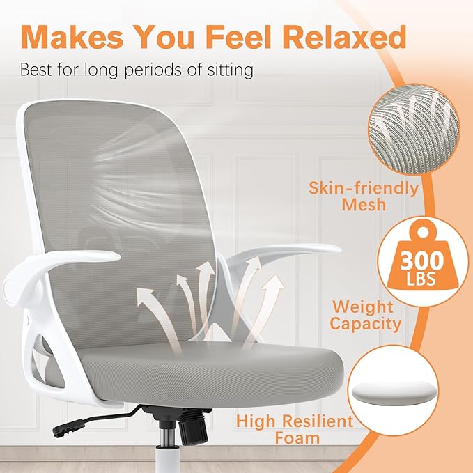Home Office Desk Chair with Supportive Lumbar Support and Flip up Arms, Breathable Double Mesh Ergonomic Home Desk Chair for Home or Work with Extended Height(Gray)
