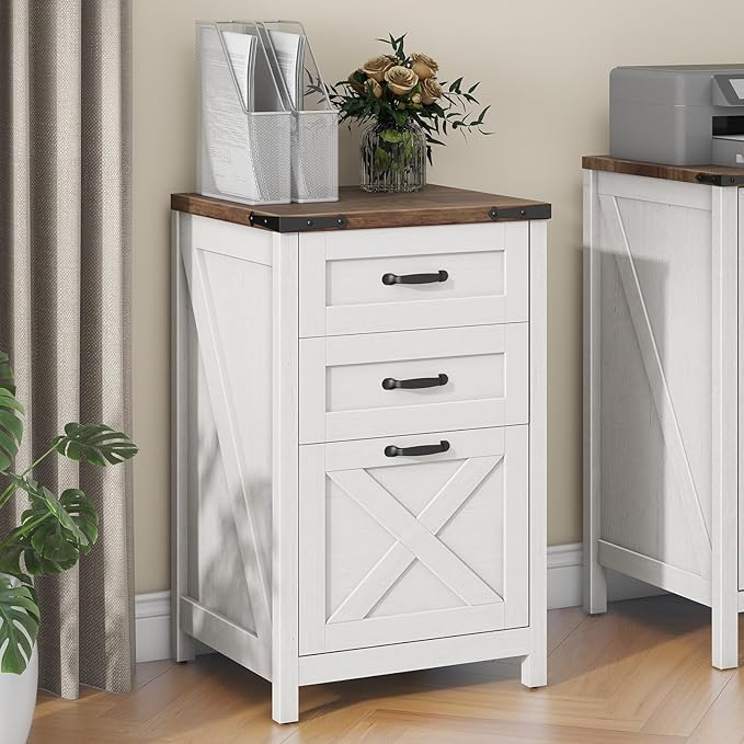Vertical File Cabinet with 3 Drawers, Wooden Farmhouse Filing Cabinet for Letter/A4 Size Hanging Files, Under Desk Printer Stand with Storage for Home Office, Rustic White