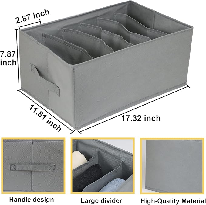 Extra Large Clothes Closet Organizer 6 Compartments for Jean Sweater Sheets to Shirt - Divided Clothing Storage Boxes for Closet, Wordrobe, Bedroom, Shelf (4pc Gray)