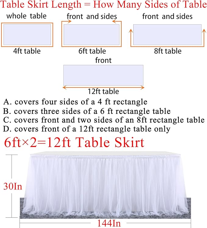 2 Pack 6ft White Tulle Table Skirts for wedding Bridal Shower White Ruffle Tutu Tablecloth for Baby Shower Birthday Party Banquet Baptism Cake Dessert Table Decorations