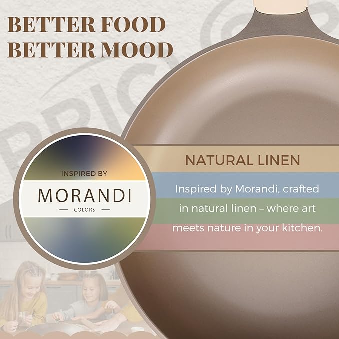 Nonstick Frying Pan with Lid, Healthy Skillet, Egg Pan Nonstick Omelet Pan Chef's Pan, PFOA & PTFE Free, Induction Compatible (8Inch W/L Natural Linen)