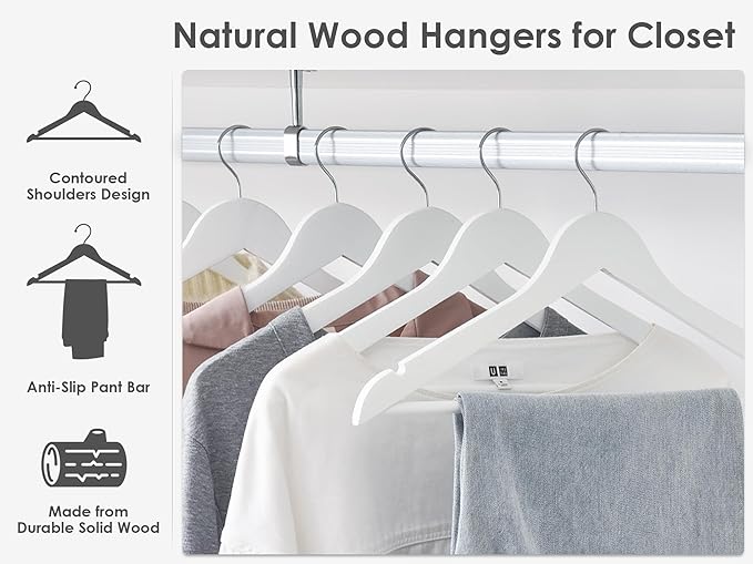 StorageWorks White Wooden Hangers, 30 Pack Wood Hanger for Closet, Coat Hangers for Coats, Shirts, Pants, Bridesmaid Suits, Wedding Dress