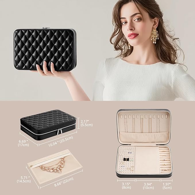 Lolalet Travel Jewelry Case for Women, Travel Jewelry Organizer Box with Mirror & Clear Storage Bag, Small Portable Traveling Earring Necklace Bracelet Ring Case, Bridesmaid Gifts -Large, Black