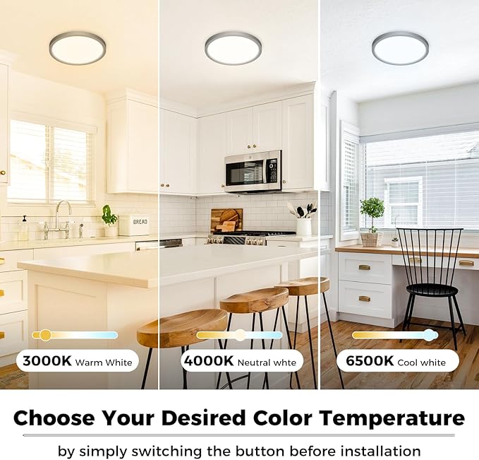 zemty 8Pack LED Ceiling Light Fixture 6.5 Inch, 12W 1200lm Ceiling Mount Light Fixtures, Adjustable 3000K 4000K 6500K, Round Flat Ceiling Lamp for Bathroom Closet Hallway Laundry (Black)