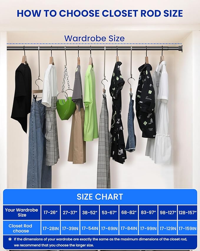 Closet Rods for Hanging Clothes, 17 to 99 Inches Stepless Adjustable Metal Closet Rod, 1.3 Inches Heavy Duty Clothes Hanging Rod for Closet Wardrobes Laundry RV