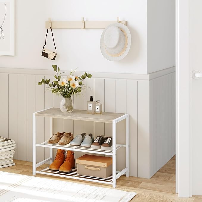 Yusong Shoe Rack Organizer, 3 Tier Industrial Shoe Storage Shelf for Closet Entryway, Narrow Sturdy Metal Shoe Shelves, White