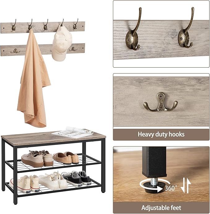 HOOBRO Hall Tree with Bench, Coat Rack Shoe Bench Set, Entryway Shoe Rack with Coat Hooks, Hall Tree Coat Rack, 27.6" L x 11.8" W x 18.1" H, Mud Room, for Foyer, Front Door, Greige BG07MT01