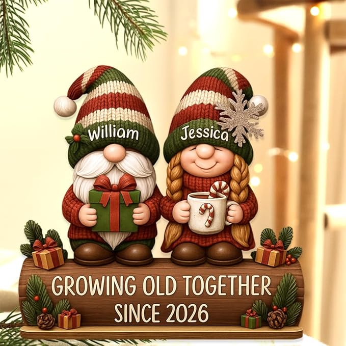 Personalized Growing Old Together Christmas Wooden Plaque, Custom Couple Figurine Gift, Festive Holiday Home Decor, Romantic Keepsake for Husband Wife, Grandparents, Anniversary Christmas Gift