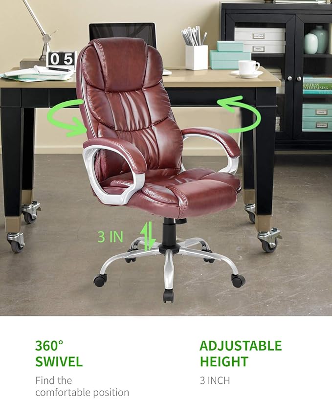 Office Chair Computer High Back Adjustable Ergonomic Desk Chair Executive PU Leather Swivel Task Chair with Armrests Lumbar Support (Brown)
