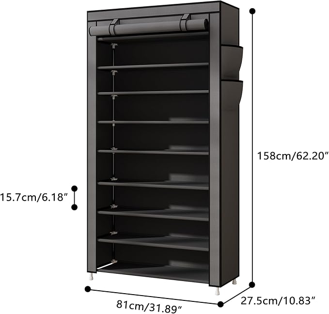 Laiensia 9-Tier Vertical Shoe Rack Organizer, Space Saving Shoe Storage Organizer, Non-Woven Cover Shoe Shelf Holds 36-45Pairs for Bedroom, Hallway, Closet Entryway, Grey