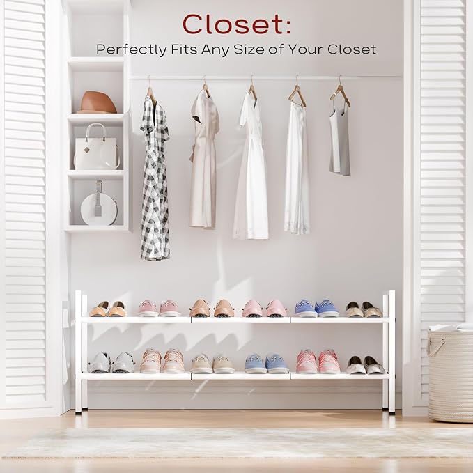 Bumusty 2-Tier Long Expandable Shoe Rack for Closet, 18"-44" Adjustable Shoe Rack for Entryway, 10-12 Pairs Large Shoe Organizer Shelf Storage, Sturdy Metal, White