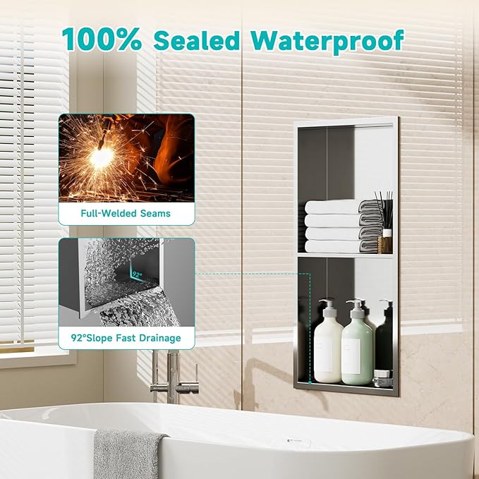 Stainless Steel Shower Niche 12"x24" - No Tile Needed Double Shelves Recessed Wall Niche for Bathroom Storage, Brushed Nickel