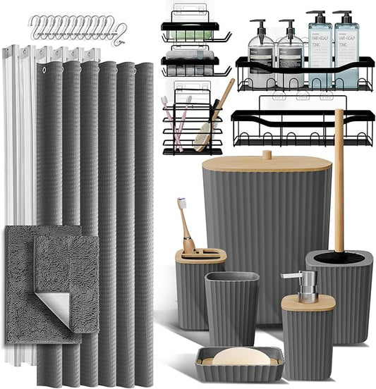 Bathroom Accessories Set with Shower Caddy and Bath Rugs, 27PC Bathroom Accessory Set with Shower Caddies Grey Bath Rugs, Shower Curtain Set, Toilet Brush, Trash Can, Soap Dispenser, Toothbrush holder