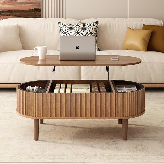 Ludatido 39 Inch Lift Top Coffee Table with 3 Storage for Living Room, Oval Coffee Table with Hidden Compartment, Fully Wooden Center Easy to Assembled for Home Living Room Office Brown