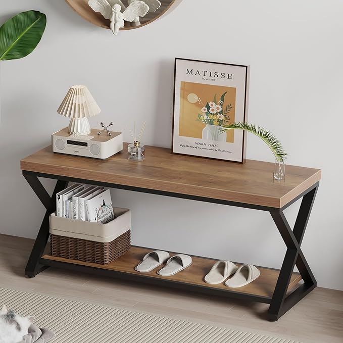 IBF Wood Bench Indoor, Industrial entryway Bench with Shoe Storage for Living Dining Room, Farmhouse Wooden Metal Entry Way Foyer Benches Seat for Bedroom Entryway, Rustic Oak, 39 Inch Long