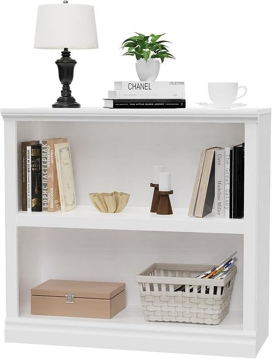blini 2-Shelf White Bookcase Wooden Bookshelves 33in Wide Floor Standing Display Storage Shelves Oak Bookcase for Home Office, Living Room, Bed Room