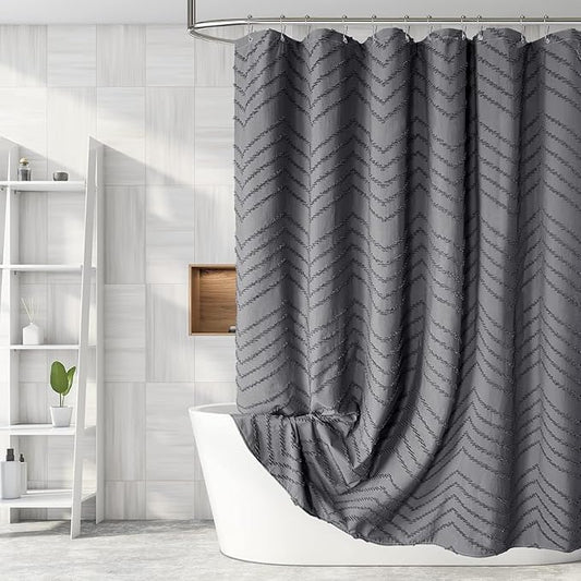 Extra Long Grey Boho Shower Curtain 96 Inch Grey Tufted Chevron Striped Fabric Shower Curtains for Bathroom Modern Shabby Chic Waterproof Cloth Shower Curtain Set with Hooks