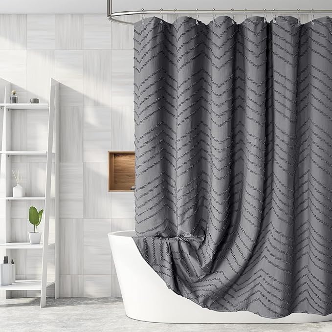Boho Gray Shower Curtain Tufted Chevron Striped Shabby Chic Textured Cloth Shower Curtains for Bathroom, Modern Farmhouse Waterproof Shower Curtain, 72x72