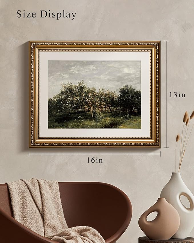 VIYYIEA Gold Framed Wall Art Canvas Print Home Decor Fruit trees Vintage Oil Painting Prints Modern Blossom Apple Tree Pictures Botanical Landscape Farmhouse Wall Decor for Bedroom Bathroom 13x16in