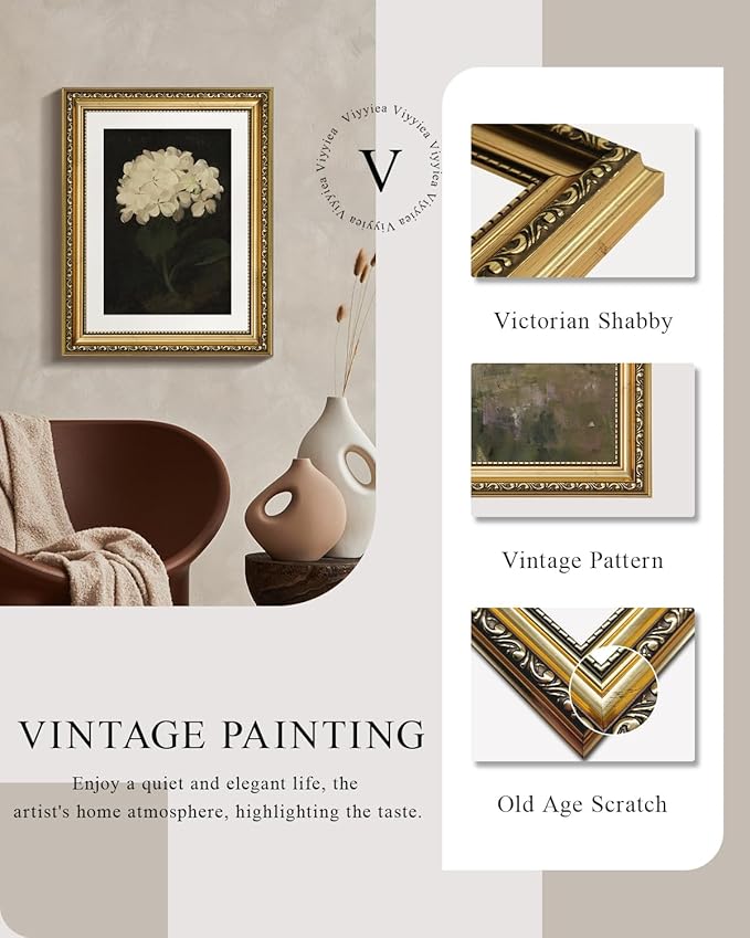 VIYYIEA Gold Framed Wall Art Canvas Print Home Decor Vintage Flower Art Aesthetic Room Decor White Hydrangea Oil Painting Canvas Prints Bedroom Bathroom Wall Decor Kitchen Office Floral Art 11x14in