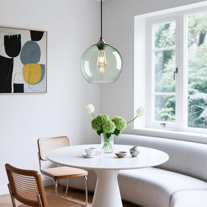 Light Green Glass Pendant Lights Kitchen Island Globe Pendant Light Fixtures Modern Pendant Lighting for Bedroom Living Dining Room Light Fixture (9.84 in, 3 Pack)