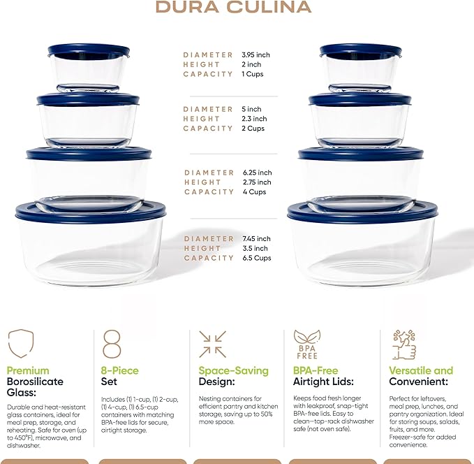 16-Piece Glass Food Storage Containers Set (8 Containers + 8 Lids) | Round, Nesting, Microwave & Dishwasher Safe | BPA-Free, Space-Saving | Blue Lids for Pantry & Kitchen Organization