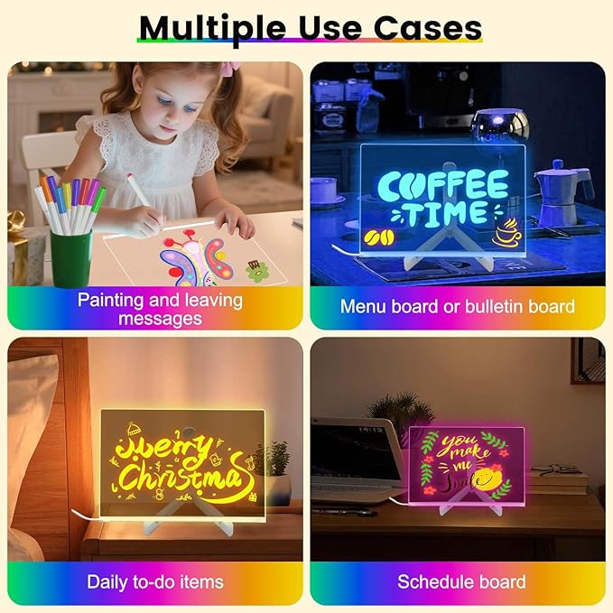 LED Note Board with Colors, 7-Color Acrylic Dry Erase Board with Light, 4 Dynamic Modes, 7 Markers and Eraser, LED Light-Up Memo Board for Kids, Home, Office, and Parties (11.8 * 8)