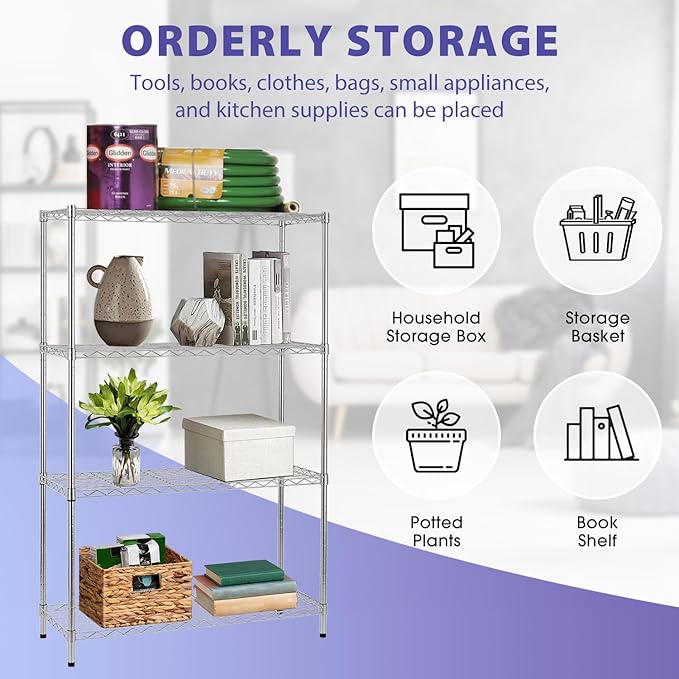 PayLessHere Shelves Shelf Storage Shelves 4 Tier Height Adjustable Shelving Unit NSF Certified 1000 lbs Total Load Capacity Stabilizing Leveling Feet Effortless Assembly (Chrome)