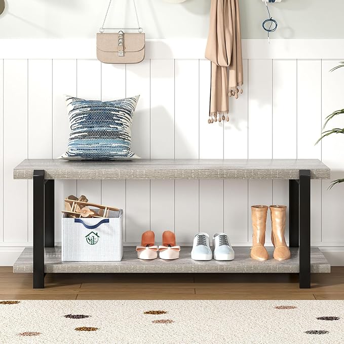 FOLUBAN Entryway Bench, Vintage Wood and Metal Shoe Bench for Hallway Front Door Entrance, Farmhouse Indoor Shoe Storage Bench Seat for Bedroom, Living Room, Light Grey, 47 Inch
