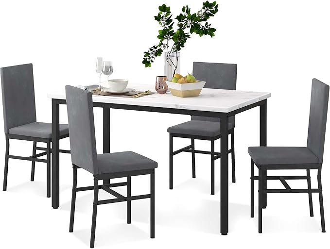 Dining Table Set for 4, 47.2" Faux Marble Kitchen Table Set with 4 Upholstered Velvet Chairs, Dinette Table Set for Dining Room, Kitchen, Breakfast Corner (Gray)